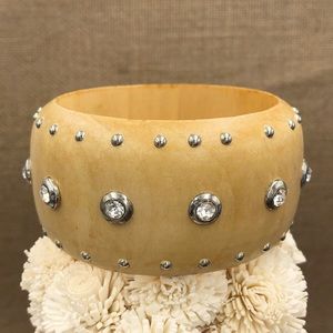 🌼 Light Wood Wide Rhinestone Studded Thick Bangle Bracelet